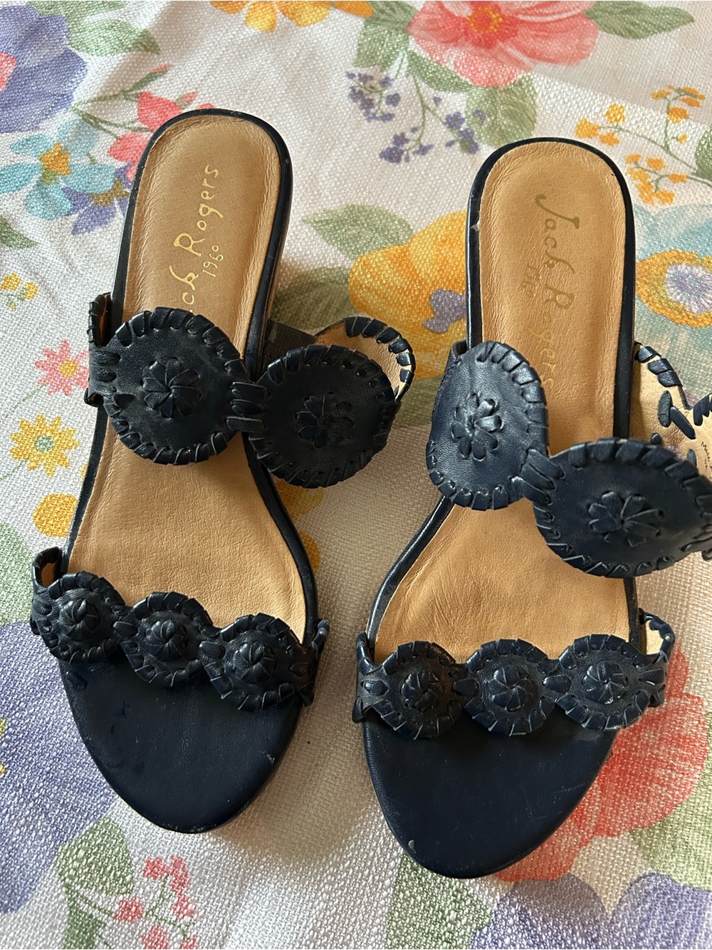 Jack Rogers navy Leather Whipstitch Slide Sandals